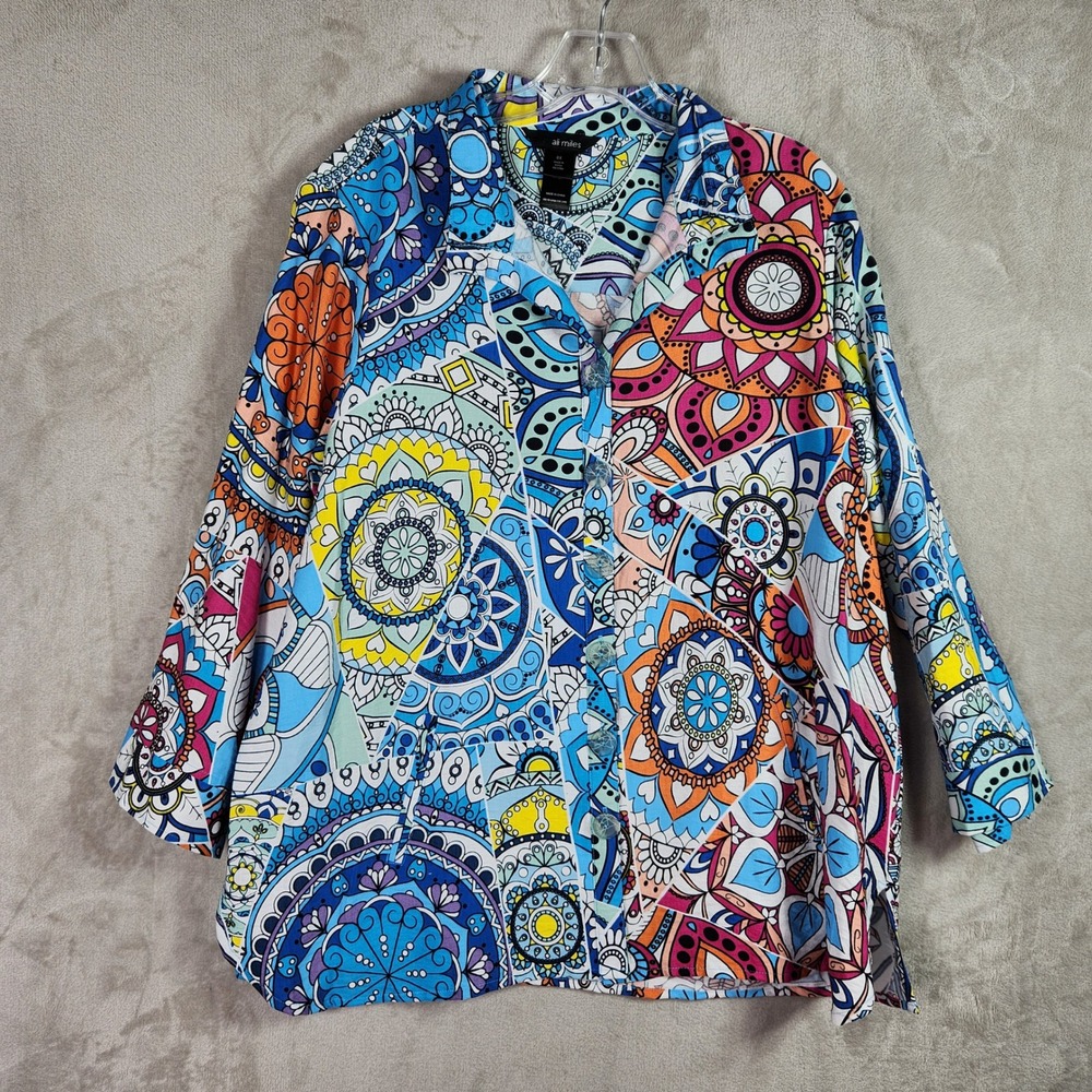 Ali Miles Button Up Shirt Womens 0X Multicolor Mandala Boho Psychedelic Colorful